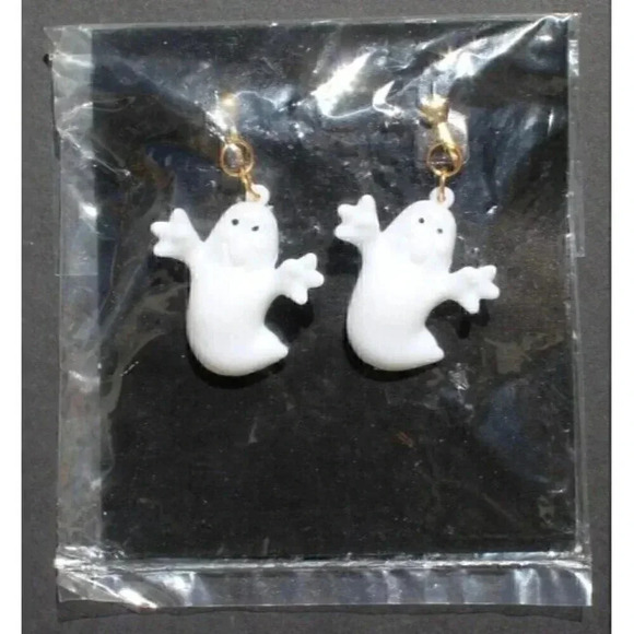 Vintage White Retro Ghost Clip on Earrings Boo Halloween Plastic NOS - Picture 1 of 2